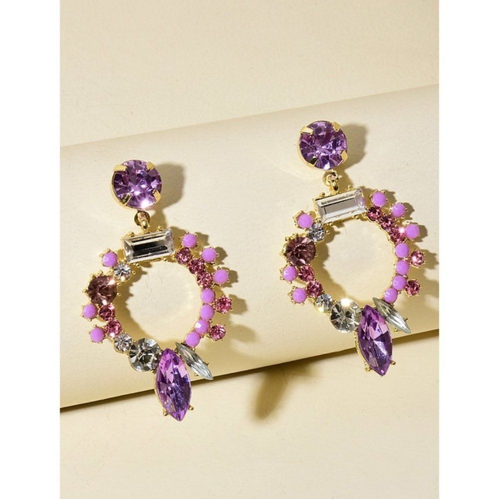 purple and‎ gold rhinestone dangle earrings